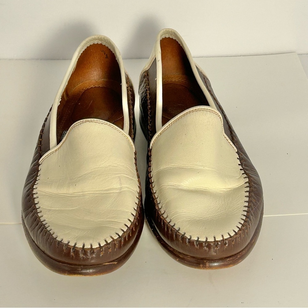Vtg Maggio & Rossetto Mens Size 6.5 Loafers Brown Ivory Whipped Stitching Detail - Picture 2 of 11